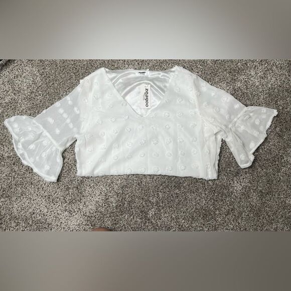 NWT Swiss Dot Chiffon 3/4 Ruffle Sleeve Blouse - Zeagoo Size Small #83 - Picture 10 of 13